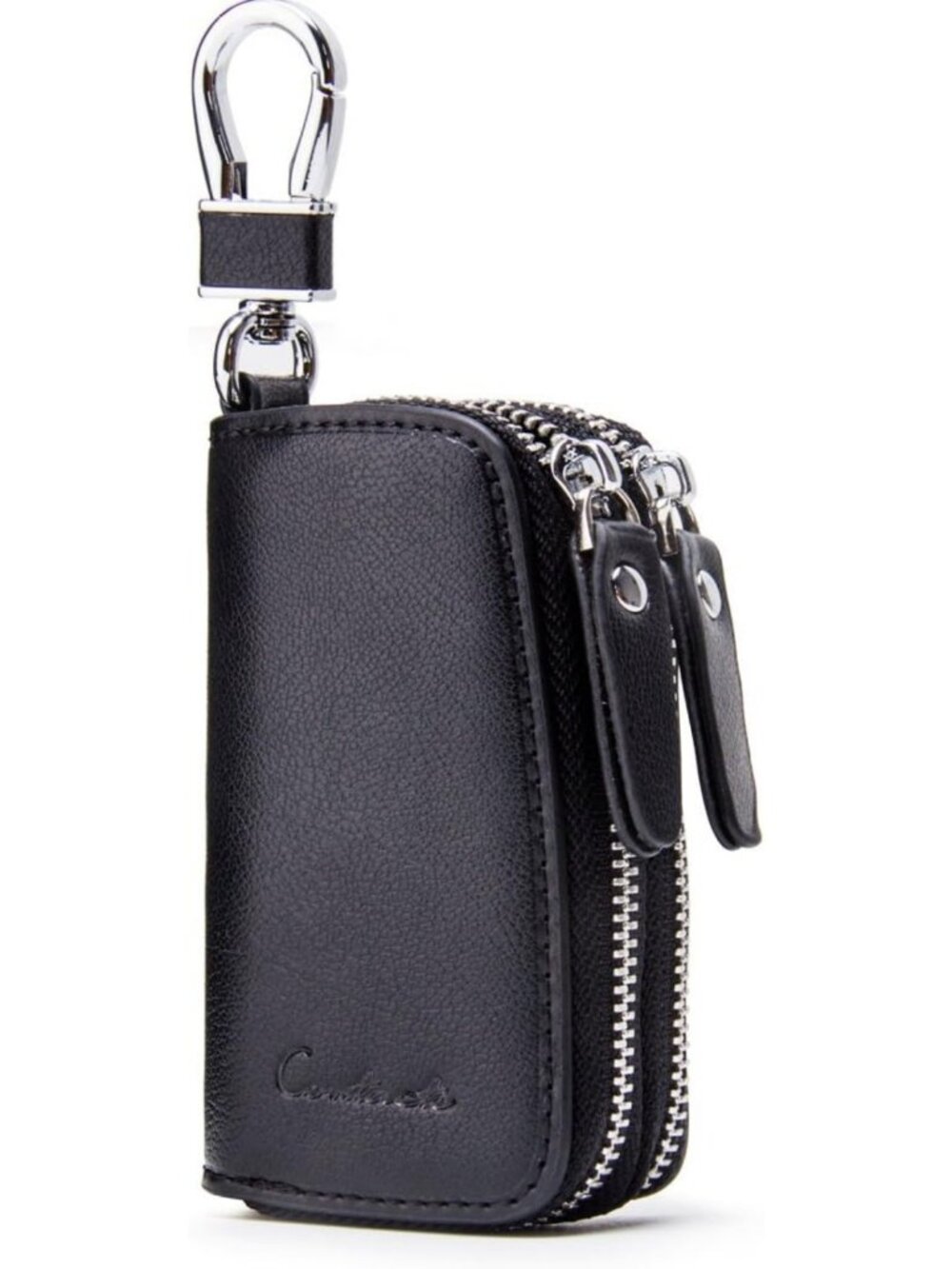 Stylish Small Leather Double Zipper Key Holder Case with 4 Keyrings - Key